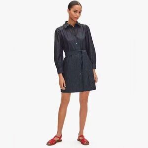 Kate Spade Ruffle Dark Blue Denim Long Sleeve Belted Shirtdress